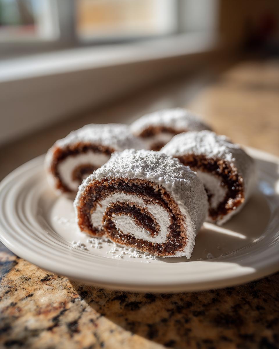 Close-up of sliced Valerie Bertinelli Italian nut roll cookies dusted heavily with powdered sugar.