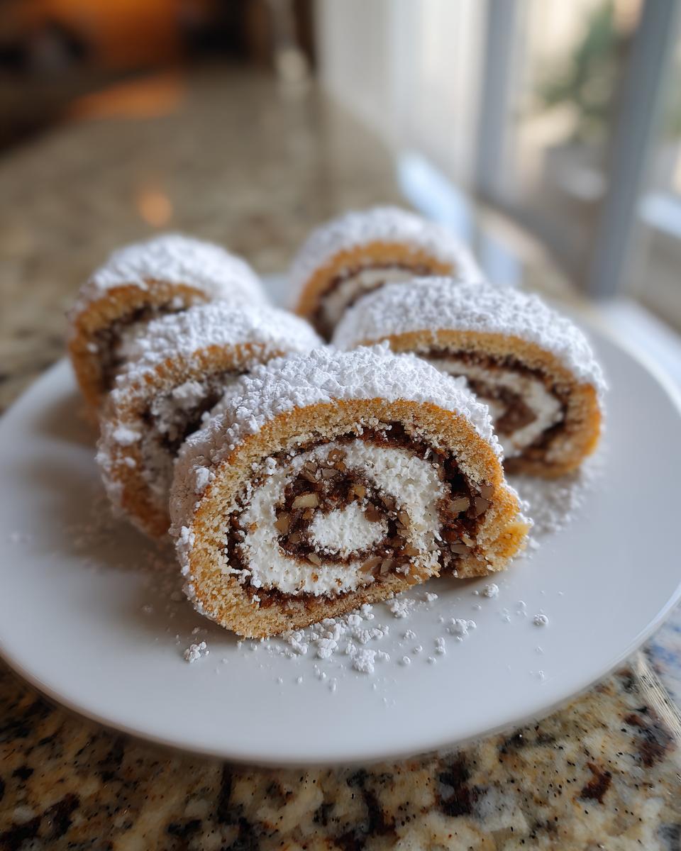 Four slices of Valerie Bertinelli Italian Nut Roll Cookies dusted heavily with powdered sugar on a white plate.