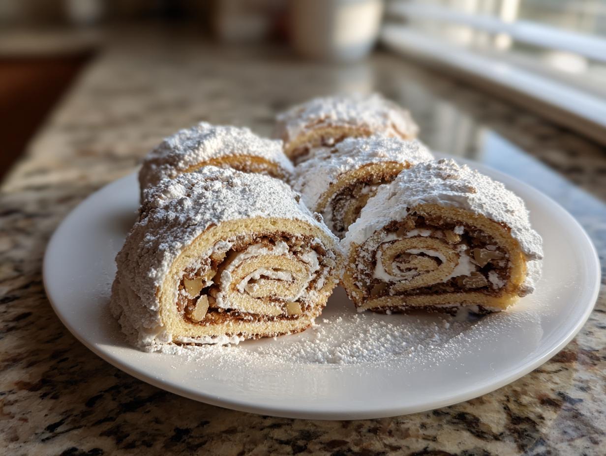 Slices of Valerie Bertinelli Italian Nut Roll Cookies dusted heavily with powdered sugar on a white plate.