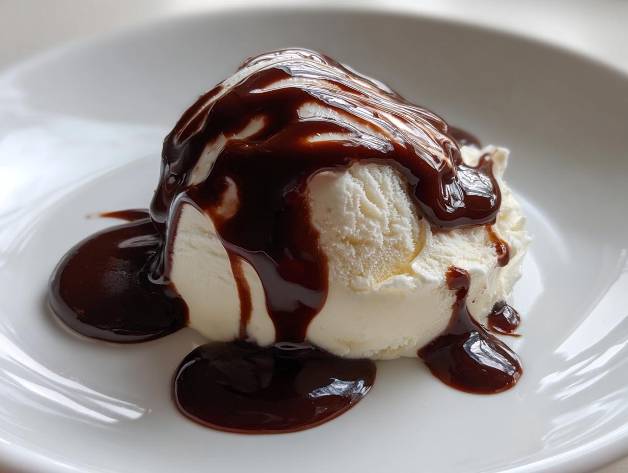 A scoop of vanilla ice cream generously covered in rich, glossy chocolate sauce on a white plate.