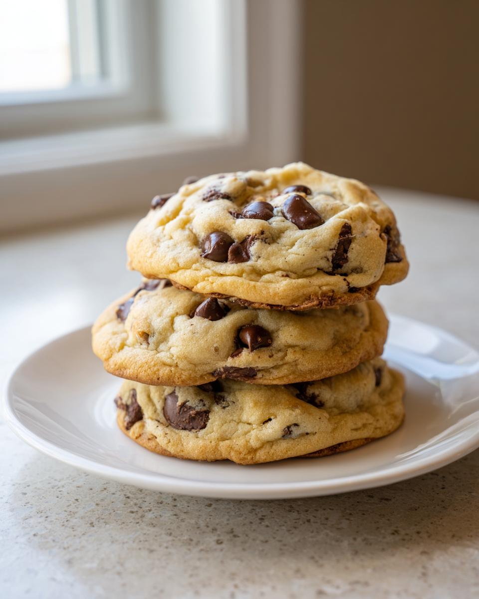 Three thick, soft vanilla pudding chocolate chip cookies stacked on a white plate.