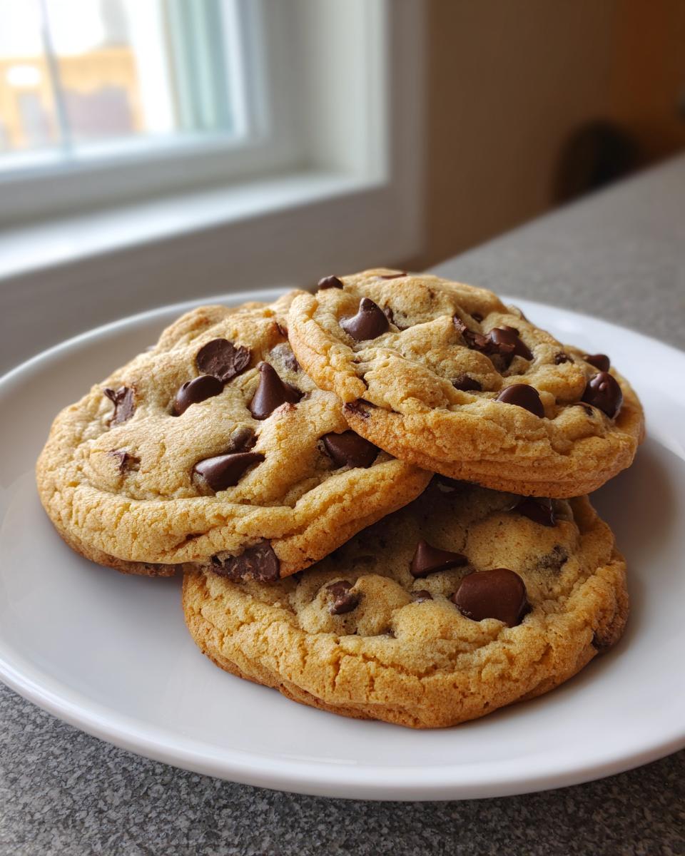Three soft, golden vanilla pudding chocolate chip cookies stacked slightly on a white plate.