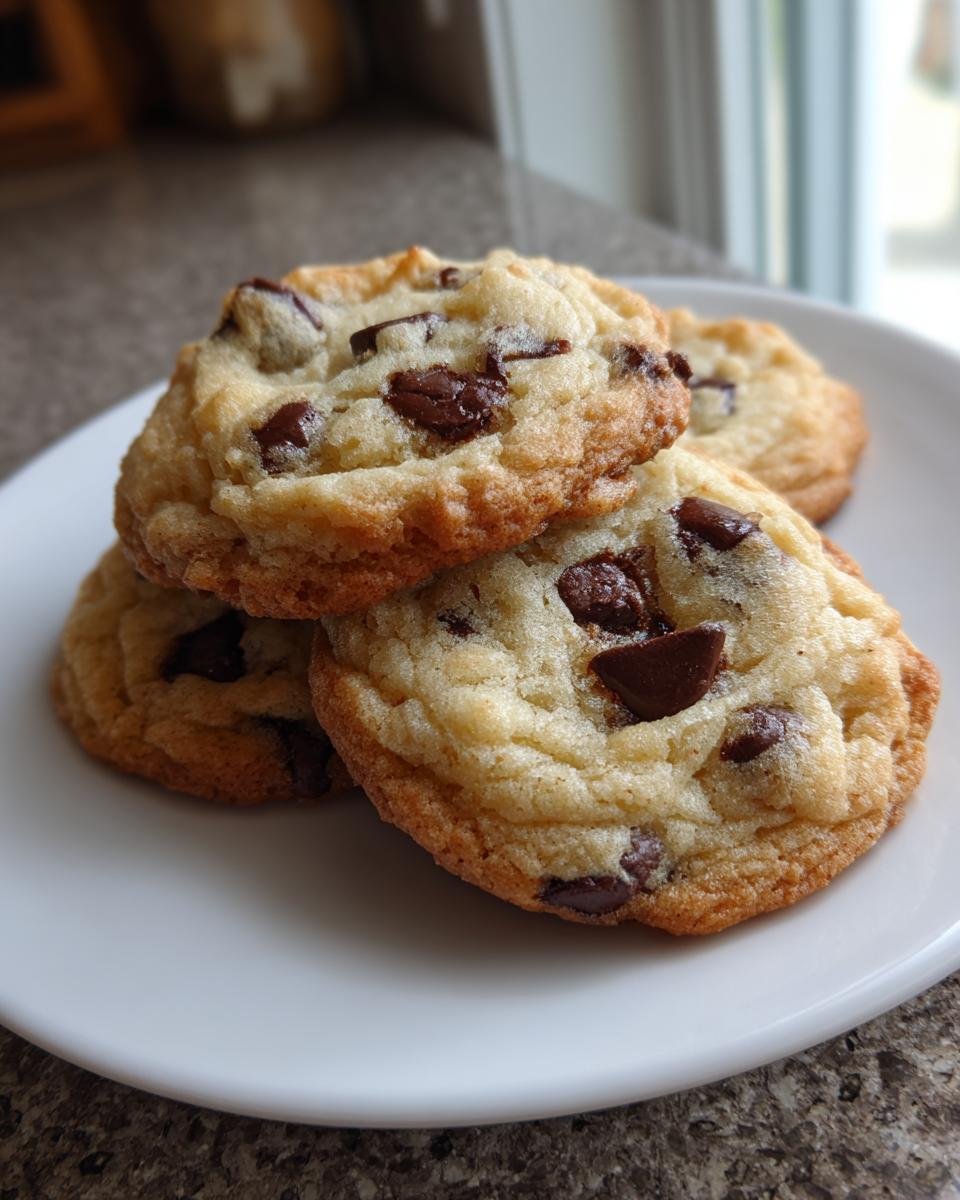 A stack of four soft, chewy vanilla pudding chocolate chip cookies on a white plate.