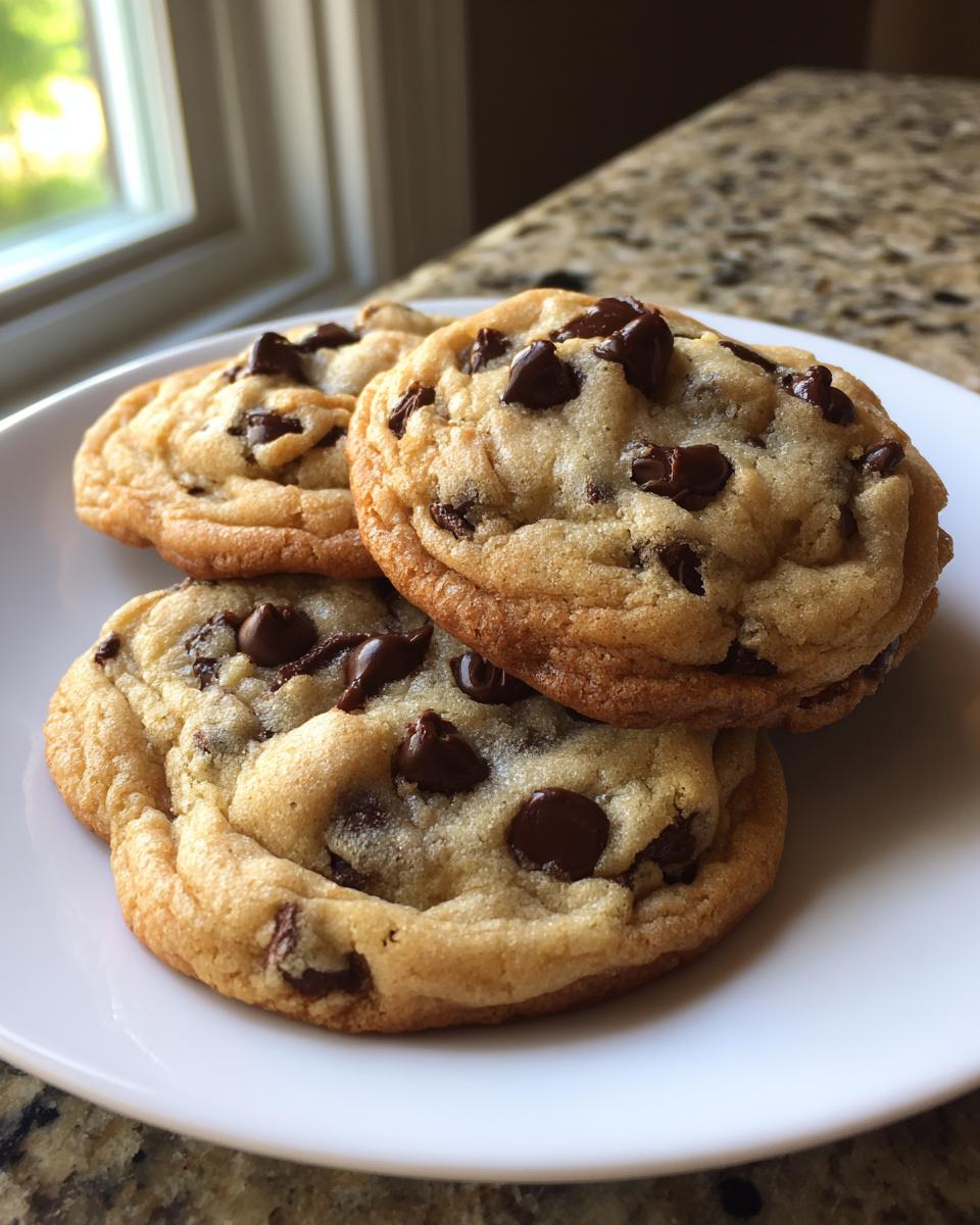 Three soft, thick vanilla pudding chocolate chip cookies stacked slightly on a white plate.