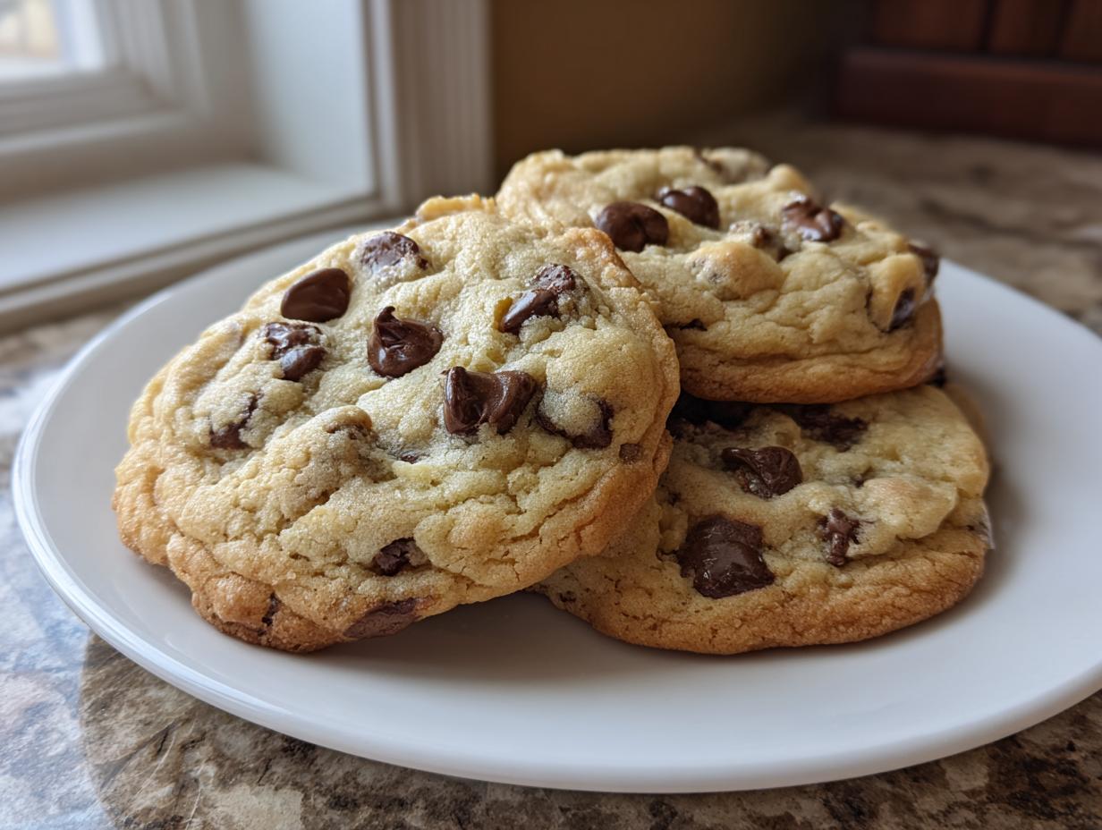 A stack of three soft, chewy vanilla pudding chocolate chip cookies on a white plate.