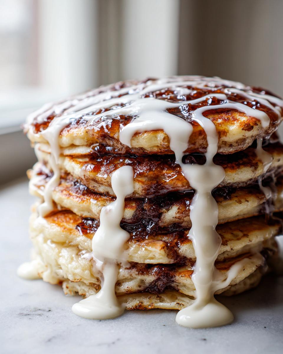 Close-up of a tall stack of vegan cinnamon roll pancakes drizzled generously with white icing.