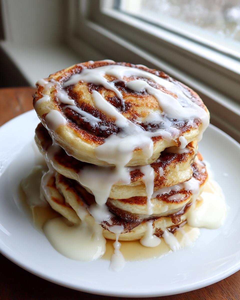 A tall stack of vegan cinnamon roll pancakes drizzled generously with white icing.