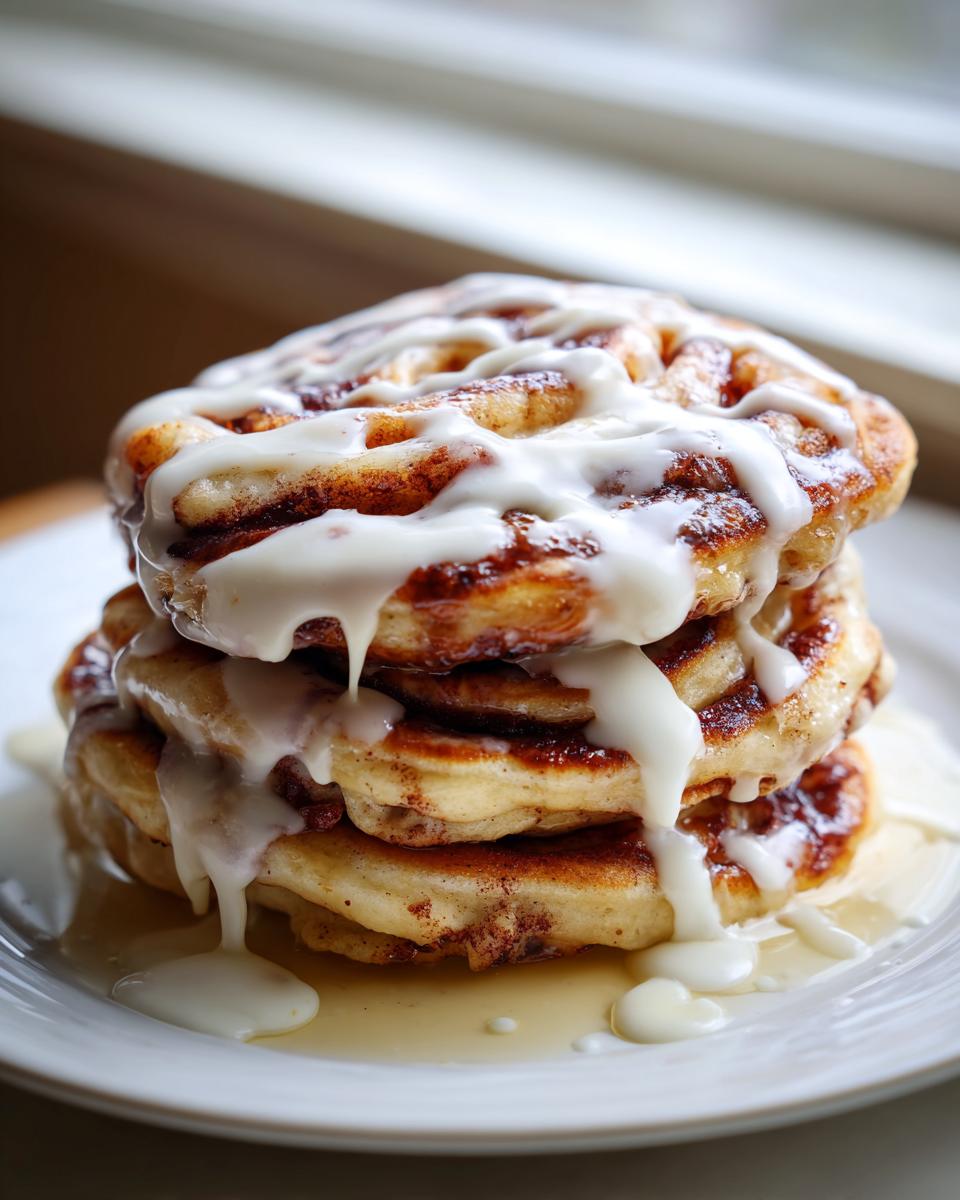 A tall stack of vegan cinnamon roll pancakes generously drizzled with thick white icing.