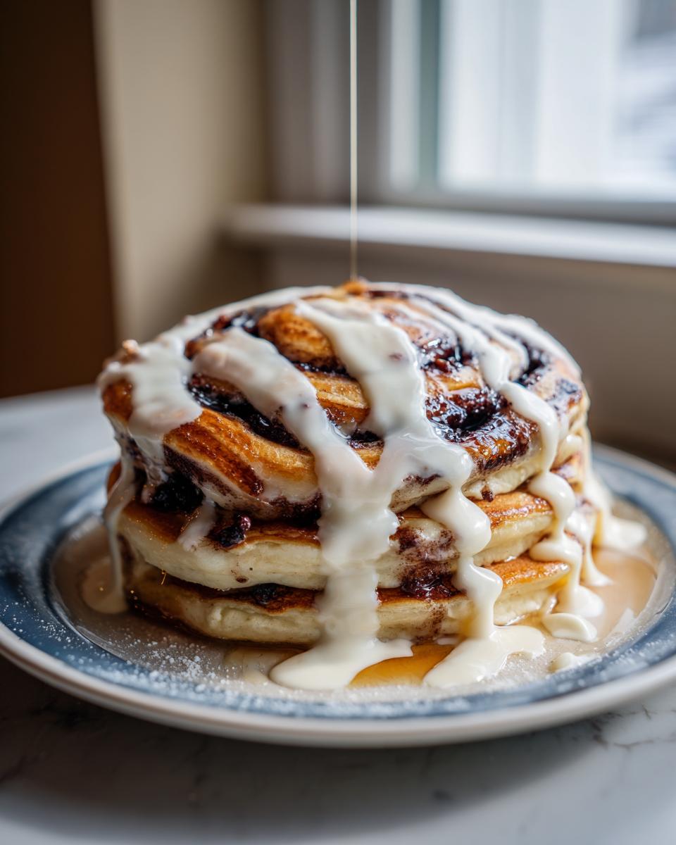A tall stack of vegan cinnamon roll pancakes drizzled with thick white icing and syrup.