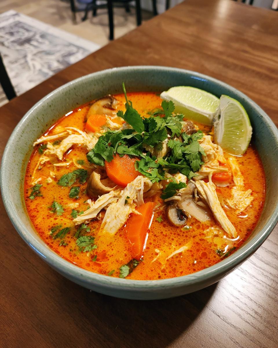 Close-up of a vibrant orange coconut curry soup with shredded chicken, carrots, mushrooms, and cilantro, garnished with lime wedges.