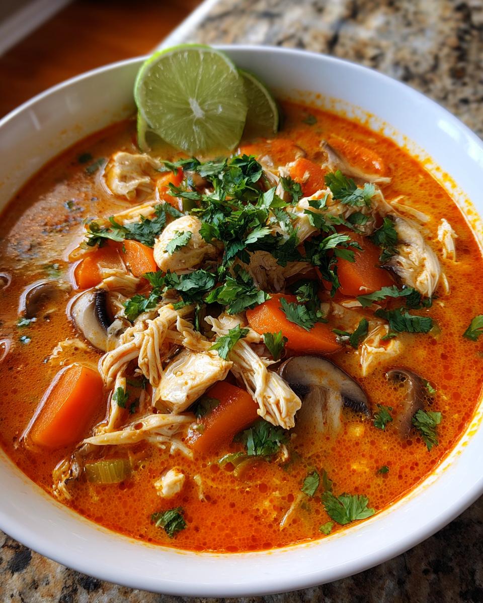 Close-up of a vibrant, orange-red bowl of coconut curry soup featuring shredded chicken, carrots, mushrooms, and fresh cilantro.