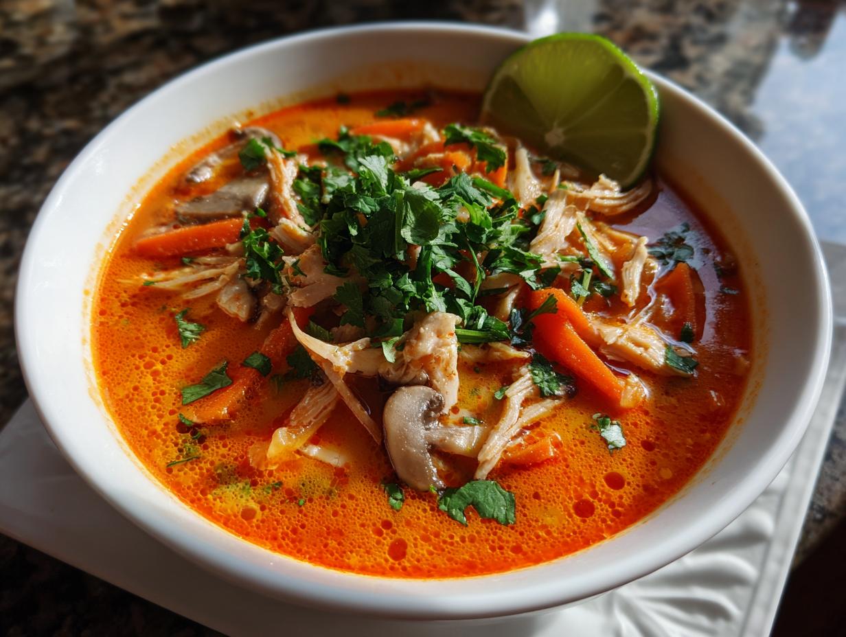 Close-up of a vibrant, orange-hued coconut curry soup topped with shredded chicken, carrots, mushrooms, and fresh cilantro.