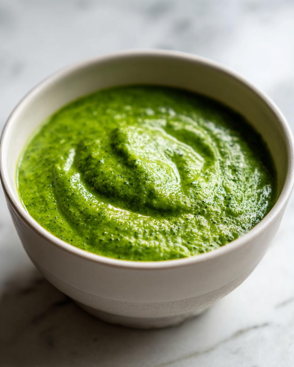 Close-up of thick, bright green roasted broccoli soup swirled in a light ceramic bowl.