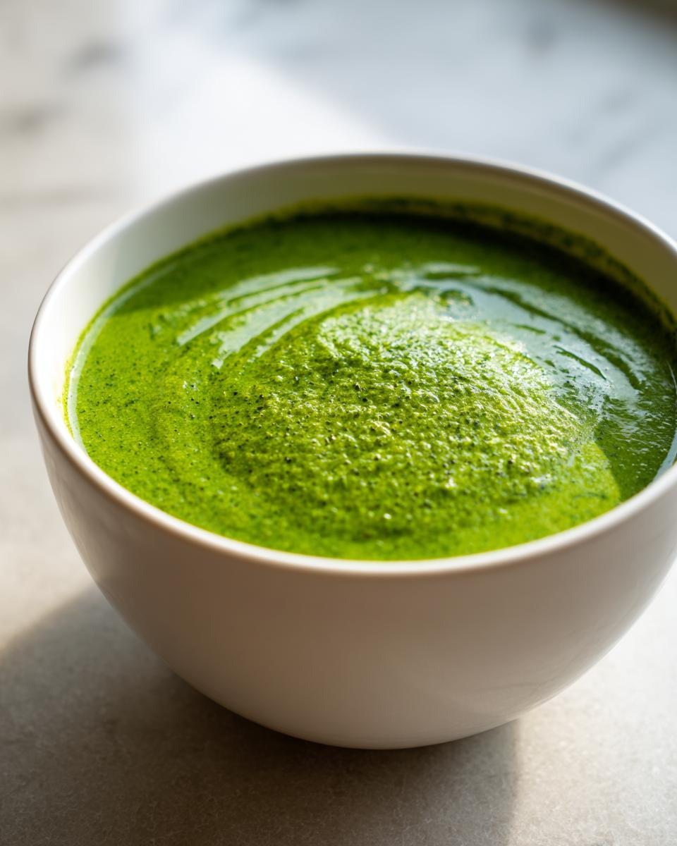 Close-up of a thick, vibrant green roasted broccoli soup served in a white bowl.