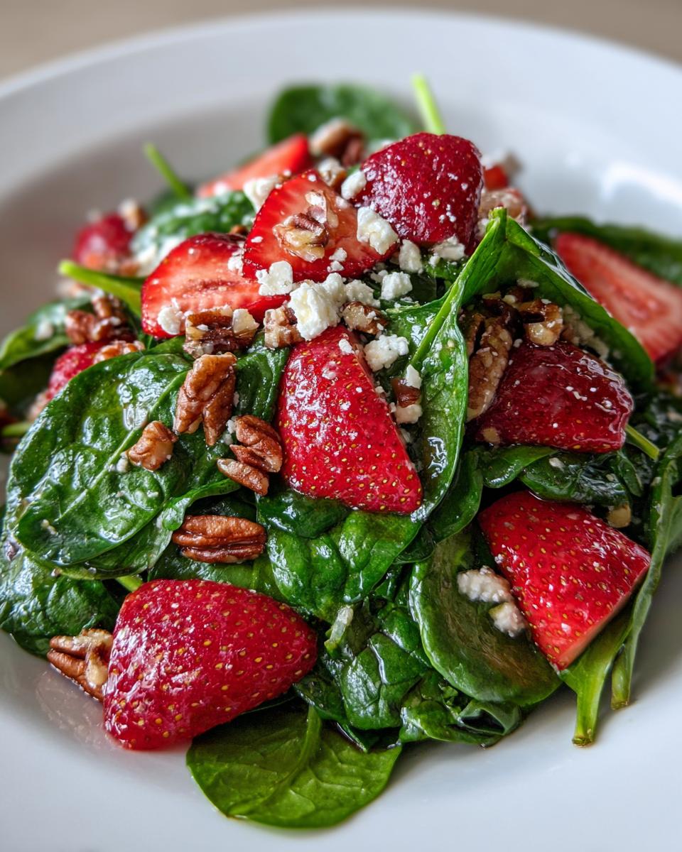 Close-up of a fresh spinach salad topped with sliced strawberries, crumbled feta cheese, and pecans.