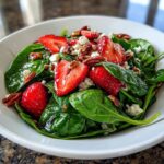 Close-up of a fresh spinach salad topped with sliced strawberries, crumbled feta cheese, and pecans.