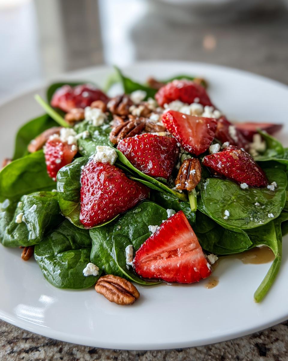 Close-up of a fresh spinach salad topped with sliced strawberries, pecans, and feta cheese crumbles.
