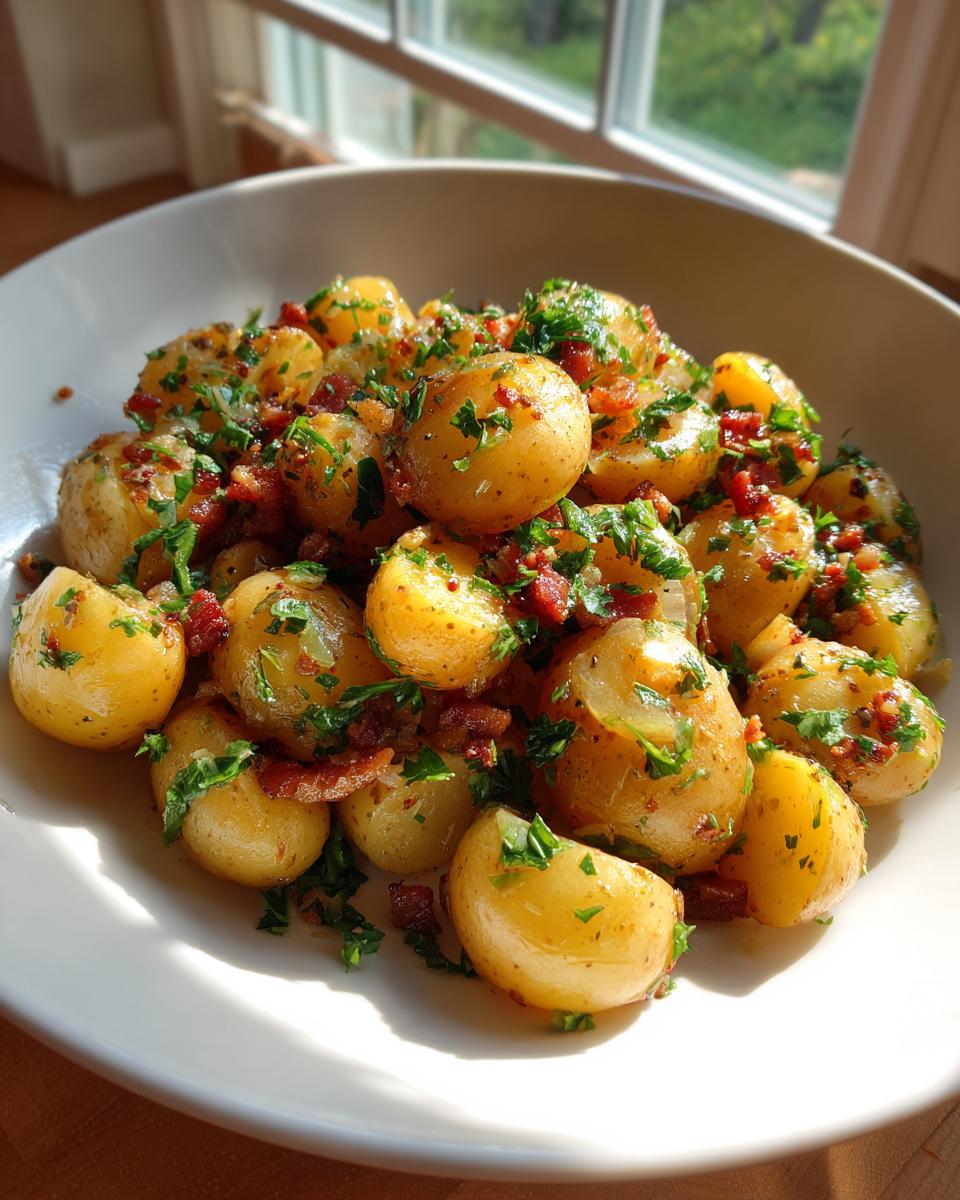 A close-up bowl of warm German potato salad featuring small yellow potatoes mixed with bacon bits and fresh parsley.