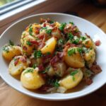 Close-up of warm German potato salad featuring halved yellow potatoes, crispy bacon bits, and fresh parsley.