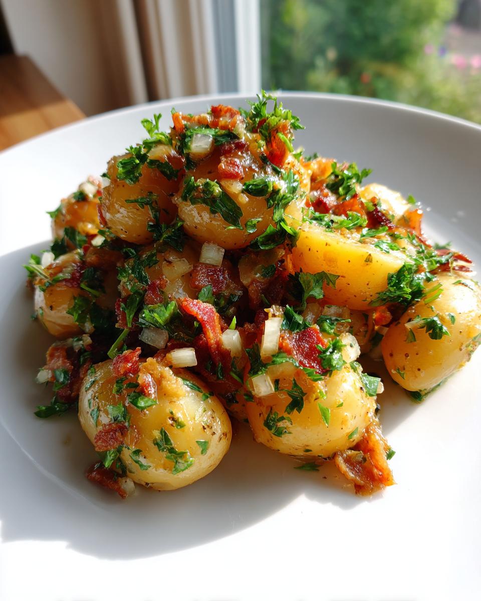 Close-up of warm german potato salad featuring small yellow potatoes, crispy bacon bits, and fresh parsley.