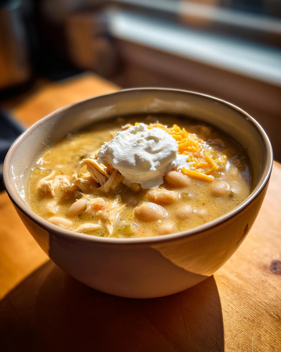 A close-up, sunlit bowl of rich white chicken chili filled with beans and shredded chicken, topped with sour cream and shredded cheese.