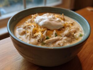 Close-up of a creamy bowl of white chicken chili topped with shredded cheese and sour cream.