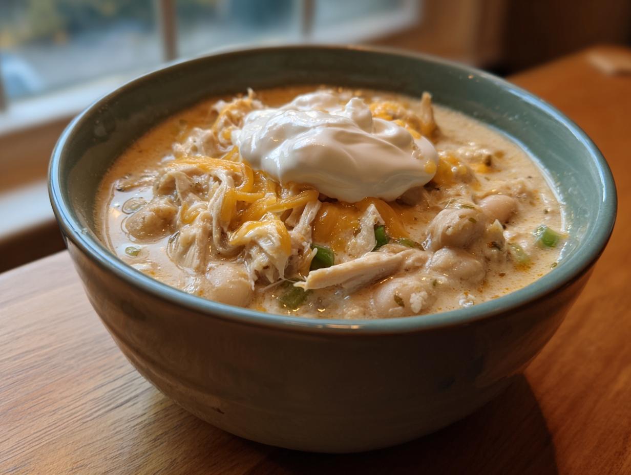 Close-up of a creamy bowl of white chicken chili topped with shredded cheese and sour cream.