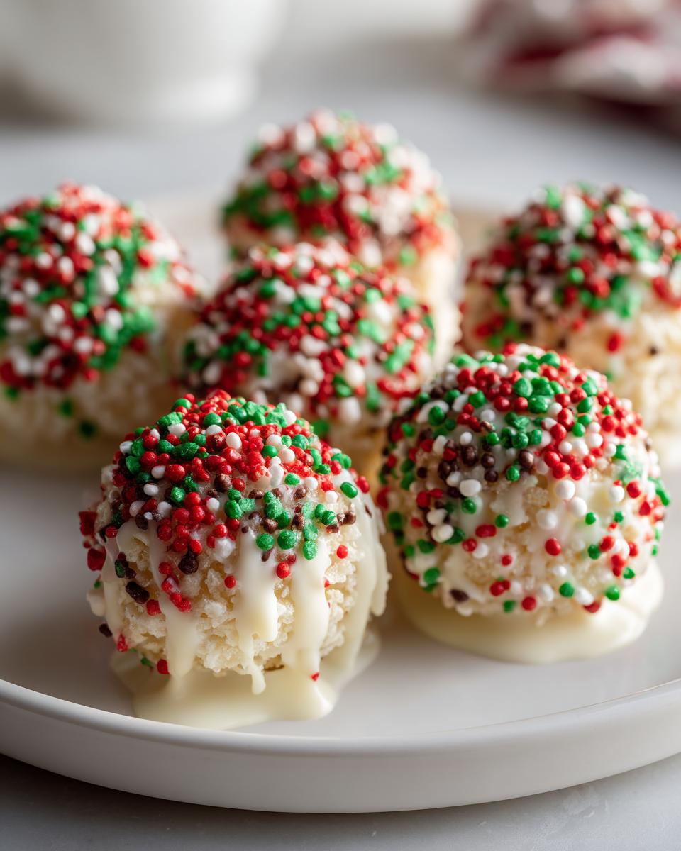 Close-up of white chocolate christmas chocolate rice krispie balls covered in red, green, and white sprinkles.