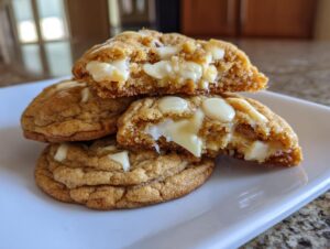 Close-up of three white chocolate macadamia nut cookies stacked, one broken open showing gooey white chocolate.