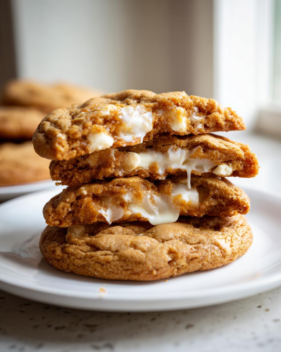 Stack of three white chocolate macadamia nut cookies, with the top two broken open revealing gooey, melted white chocolate.