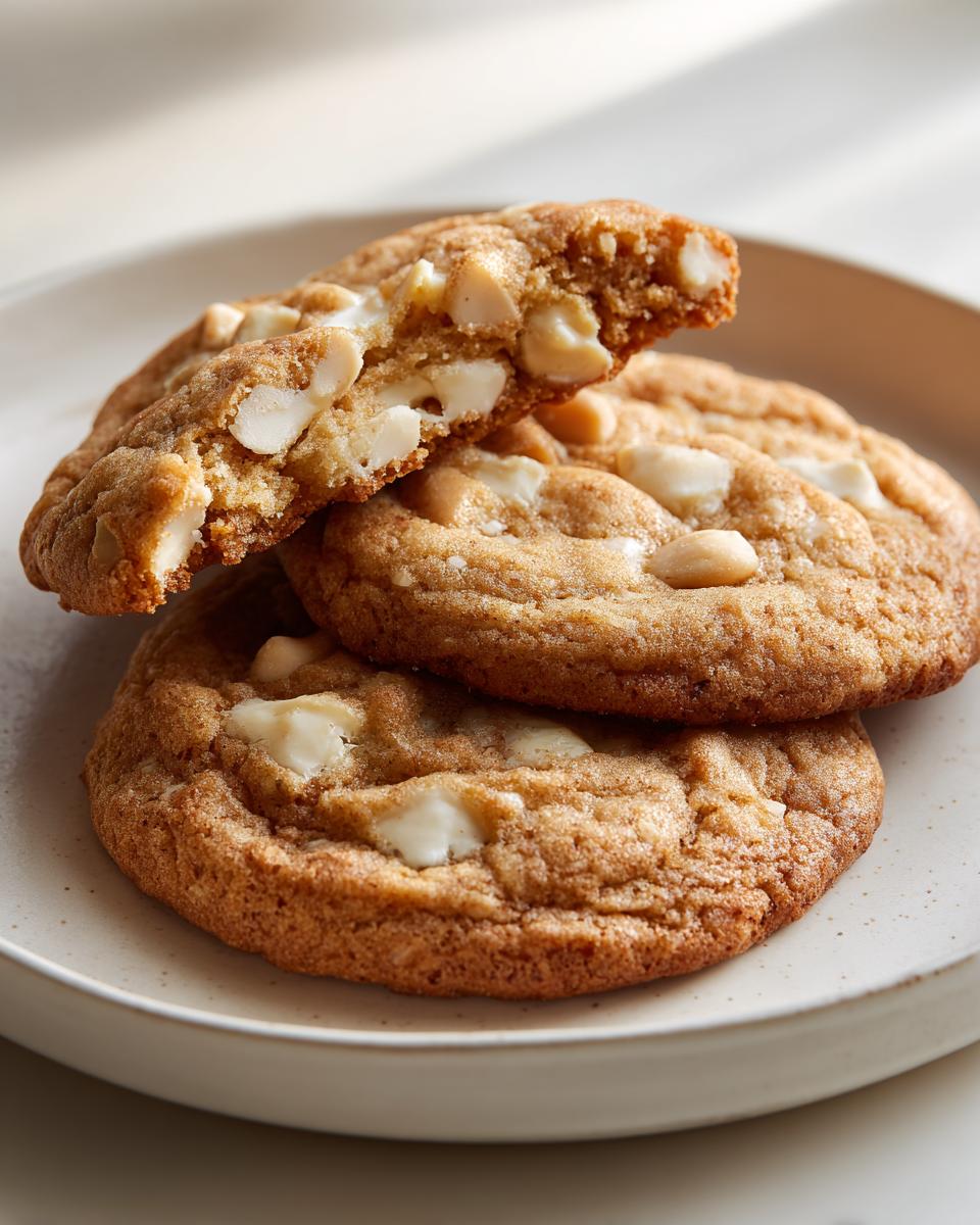 Close-up of three white chocolate macadamia nut cookies sourdough discard stacked on a plate, one broken open.