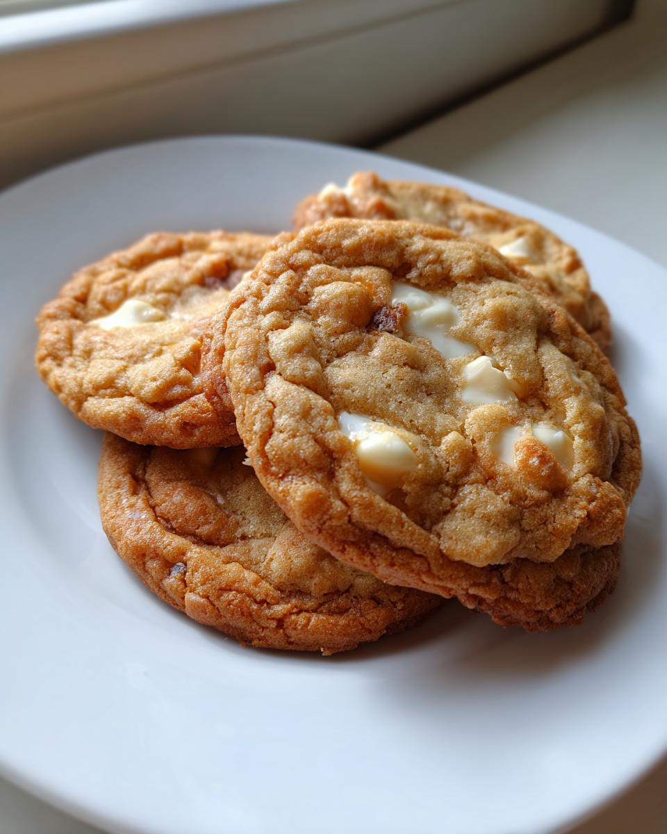 Three golden brown white chocolate macadamia nut cookies sourdough discard stacked on a white plate.