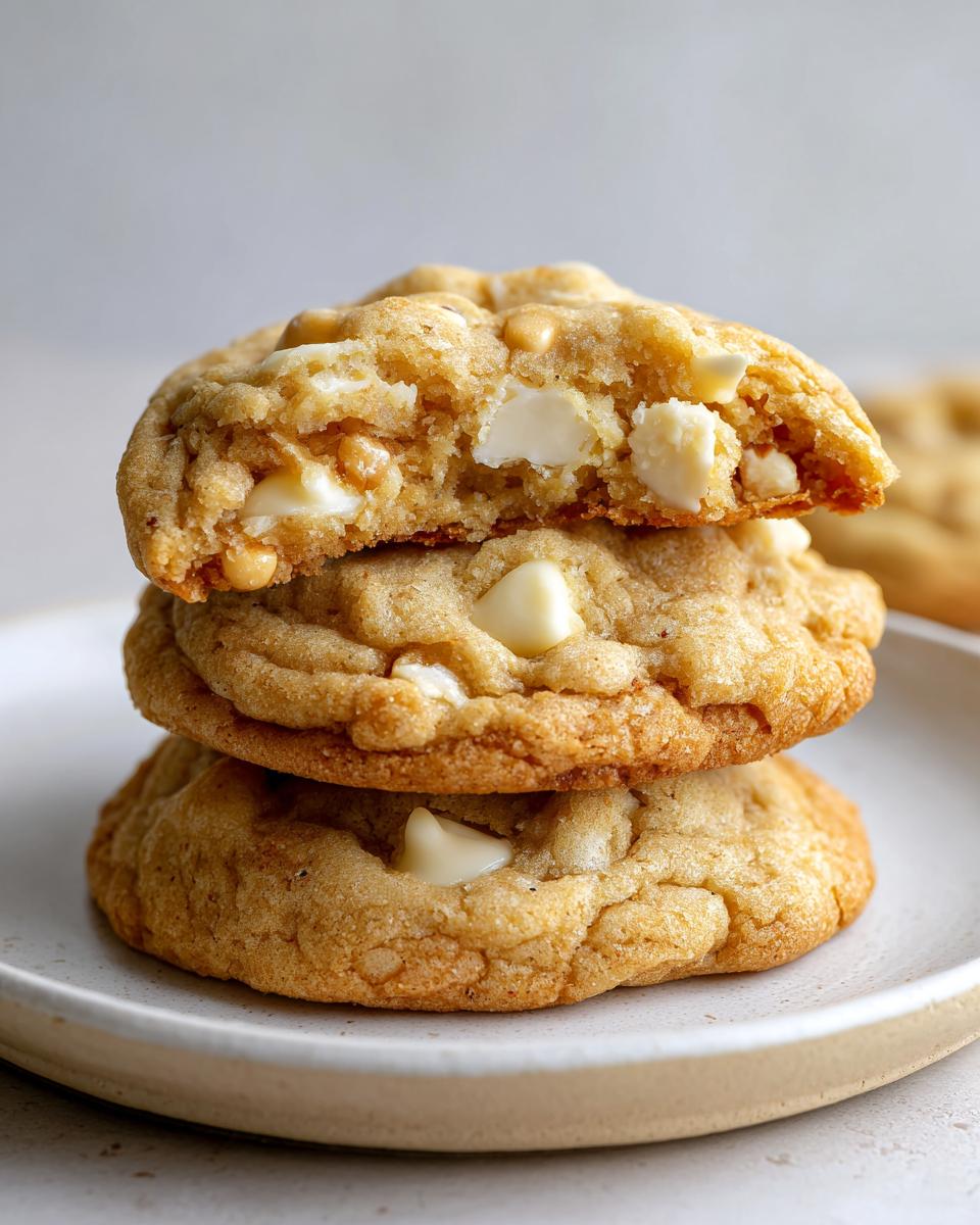 Stack of three chewy white chocolate macadamia nut cookies sourdough discard, one broken open showing the soft interior.