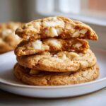 Stack of chewy white chocolate macadamia nut cookies sourdough discard, with the top cookie broken in half showing the soft interior.