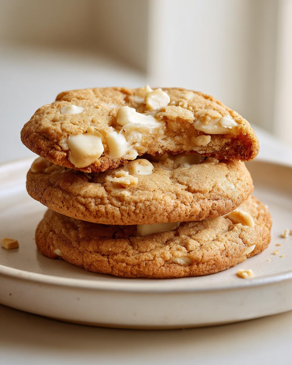 A stack of three chewy white chocolate macadamia nut cookies sourdough discard, with the top cookie broken open.