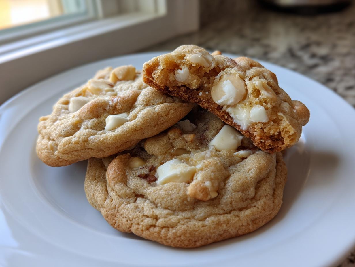 Close-up of delicious white chocolate macadamia nut cookies sourdough discard stacked on a white plate.