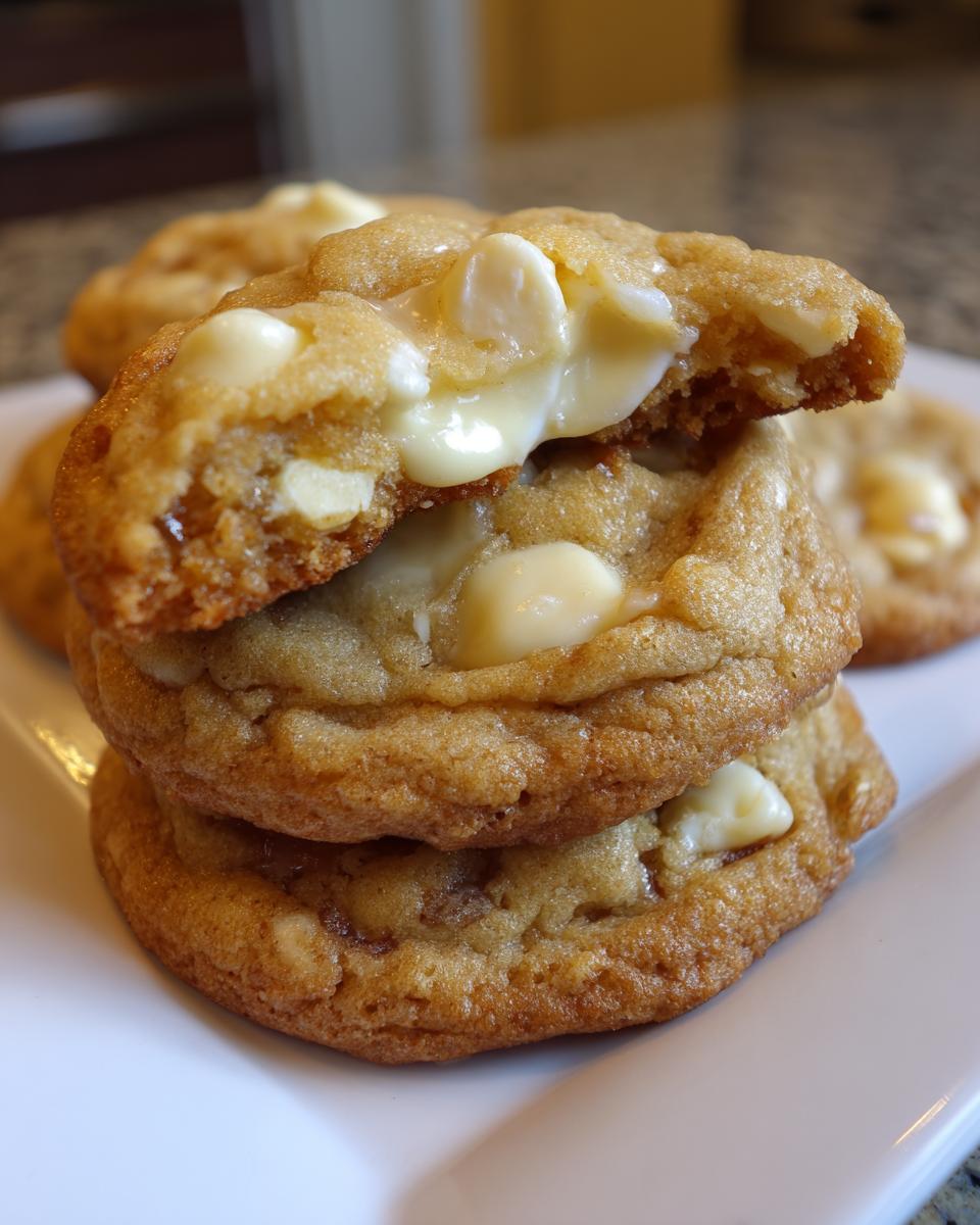 Close-up of stacked white chocolate macadamia nut cookies, one broken open showing gooey melted white chocolate.