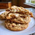 A stack of three chewy white chocolate macadamia nut cookies, with the top one broken open revealing melted white chocolate.