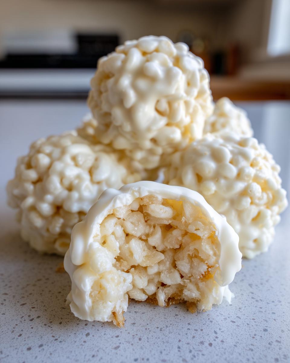 A close-up of several white chocolate rice krispie balls, with one bitten open showing the crispy interior.