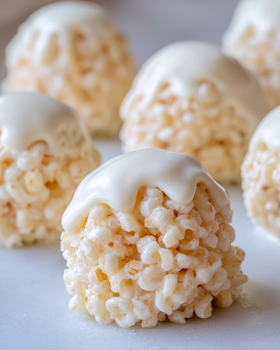 A close-up of a white chocolate rice krispie balls treat topped with melted white chocolate drizzle.