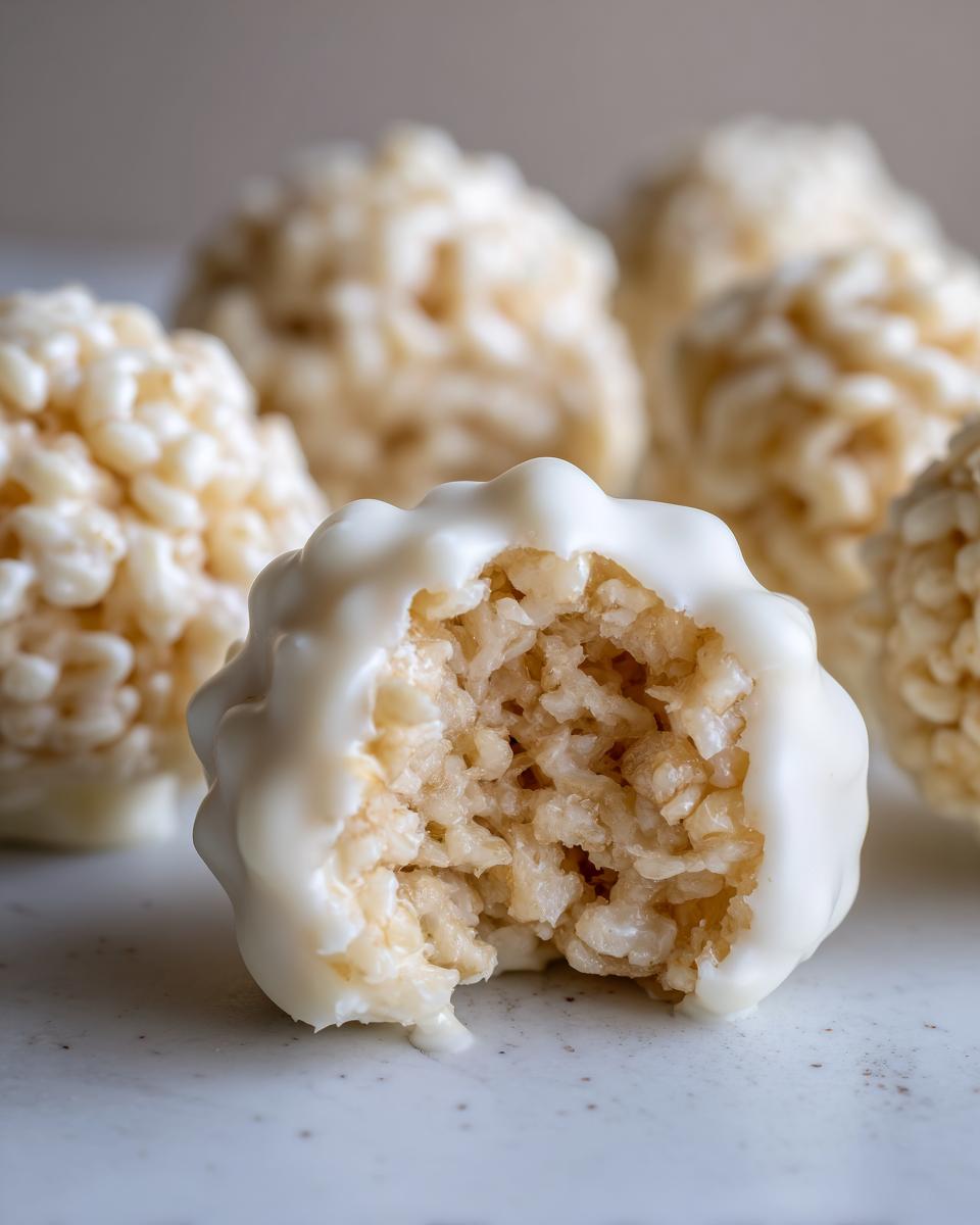 Close-up of a white chocolate rice krispie balls treat with a bite taken out, showing the crispy interior.
