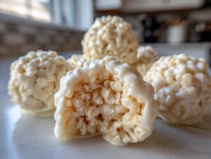 A close-up of white chocolate rice krispie balls, with one cut in half showing the crispy interior.