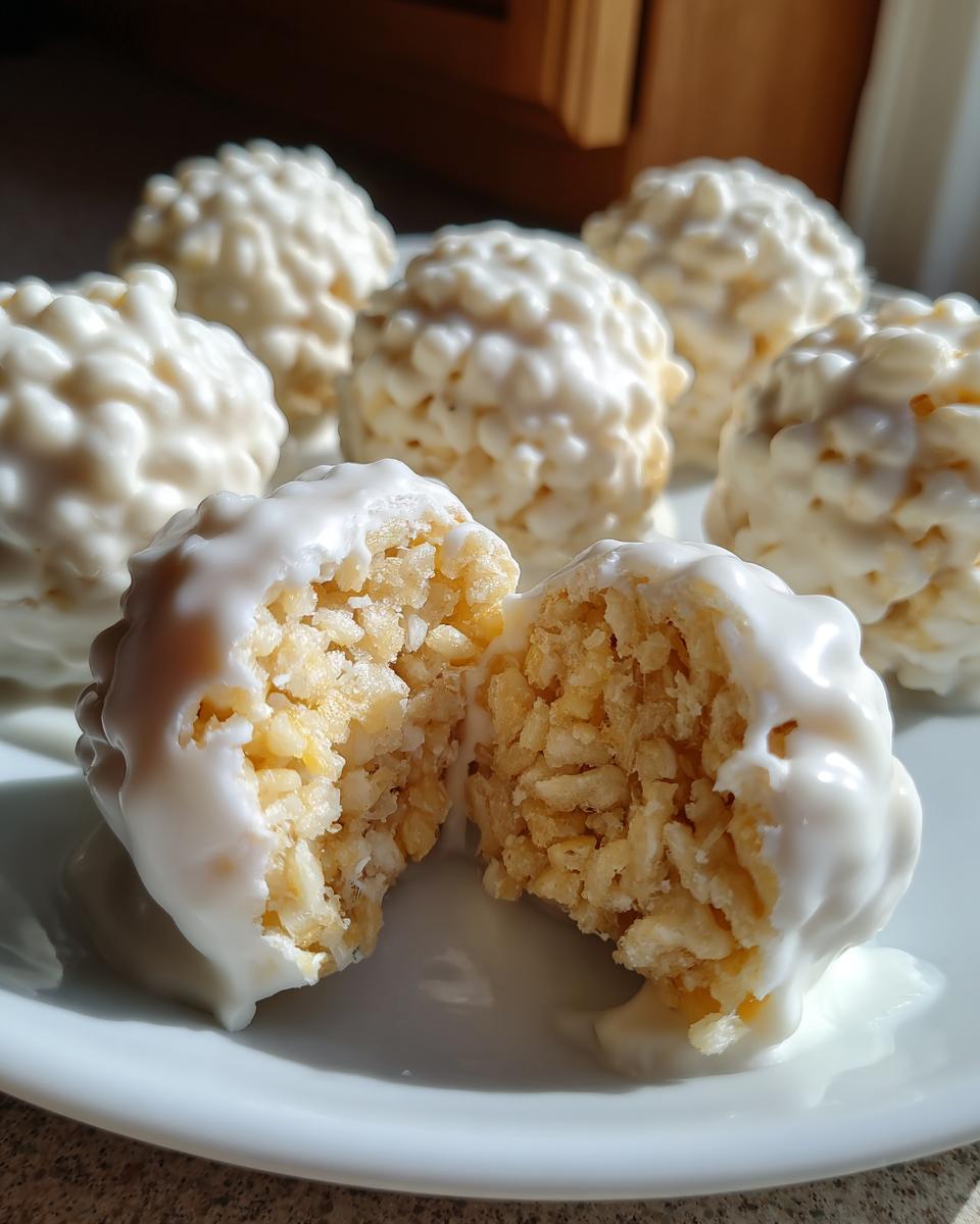 Close-up of white chocolate rice krispie balls, one cut in half showing the crispy texture inside.