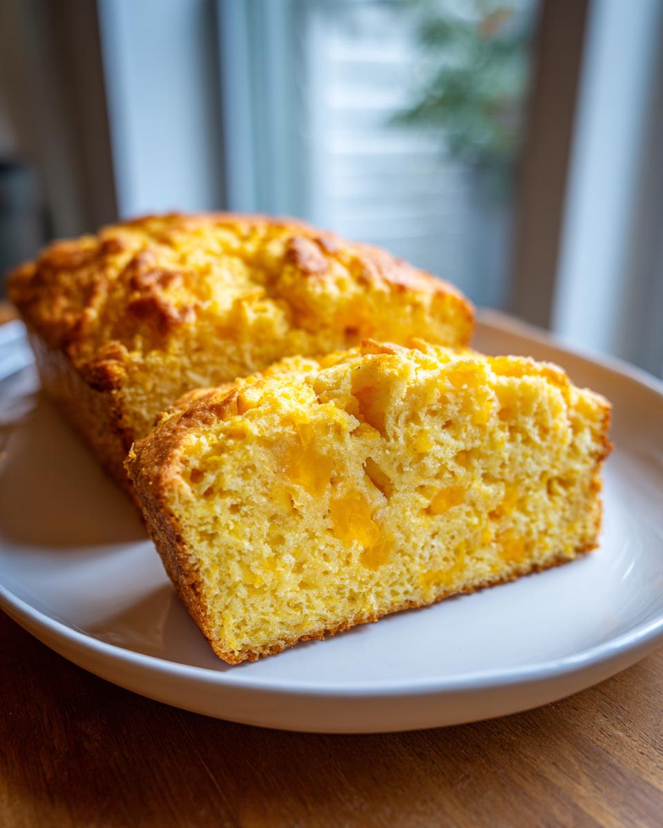 Close-up of a slice of bright yellow cheese beer bread showing melted cheddar cheese chunks inside.