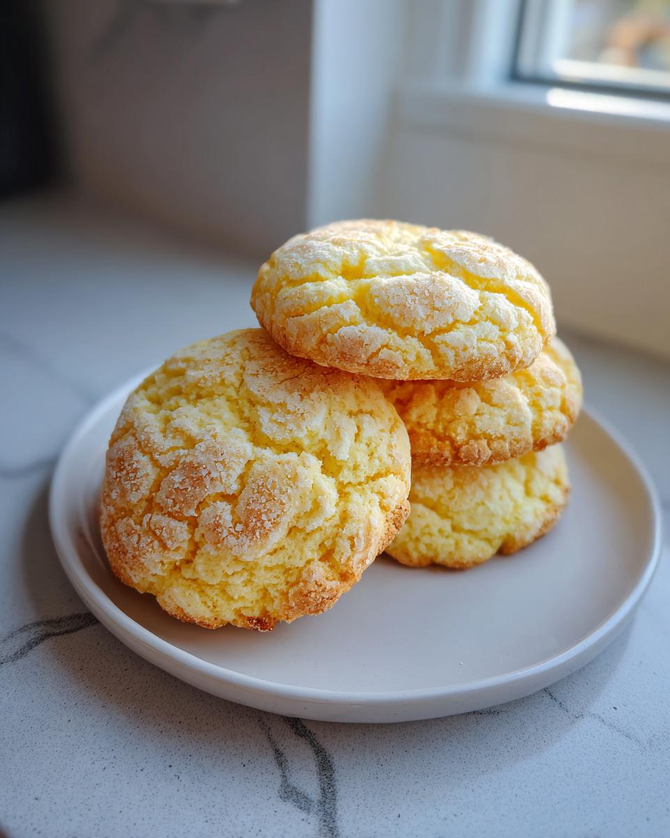 A stack of three soft, crinkled yellow cake mix cookies dusted with sugar on a white plate.