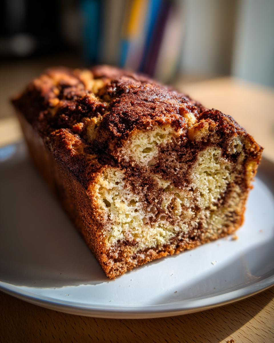 A golden-brown loaf of zucchini cinnamon swirl bread showing a beautiful marbled interior on a white plate.
