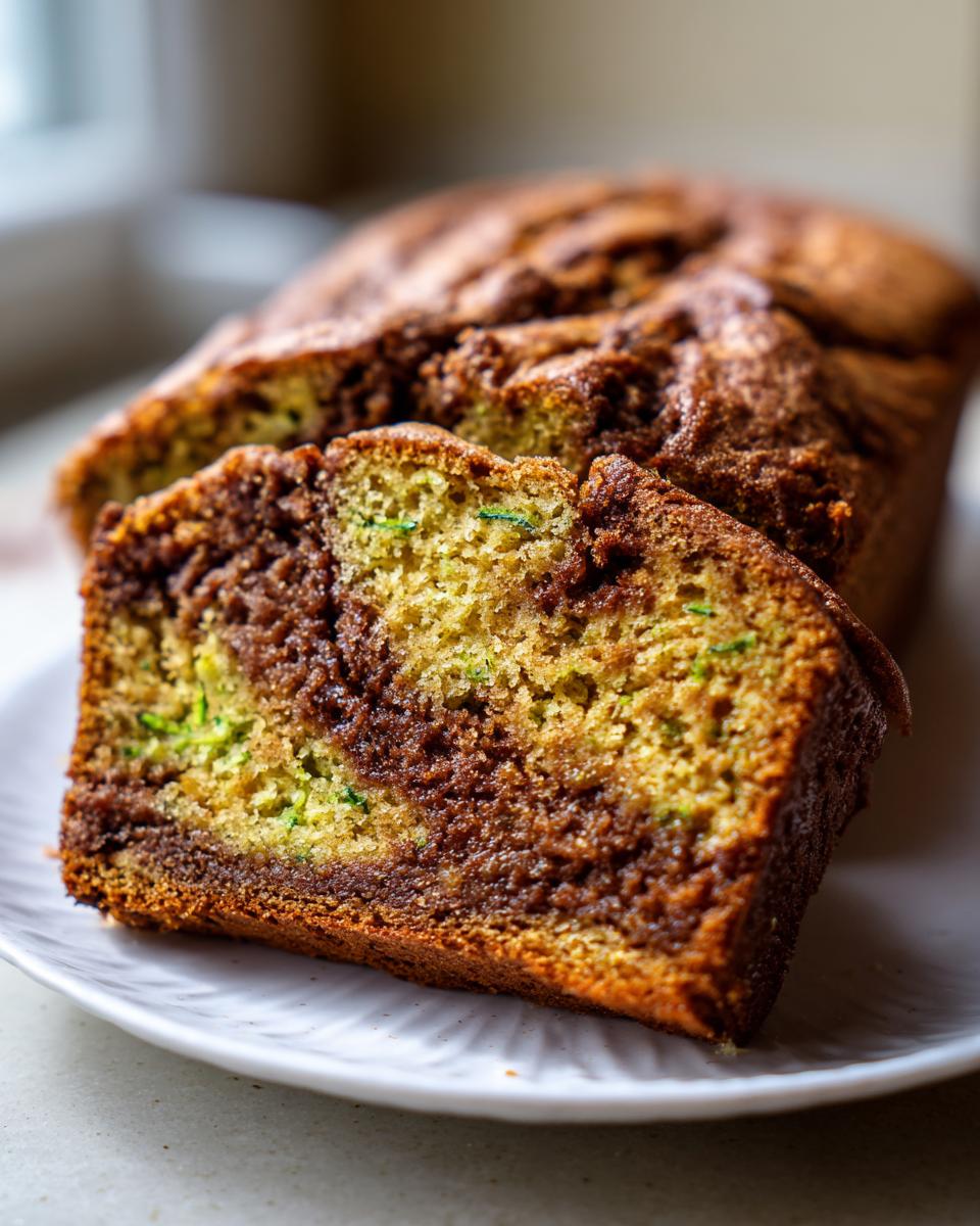 Close-up of a thick slice of zucchini cinnamon swirl bread showing the green zucchini shreds and dark cinnamon swirl.