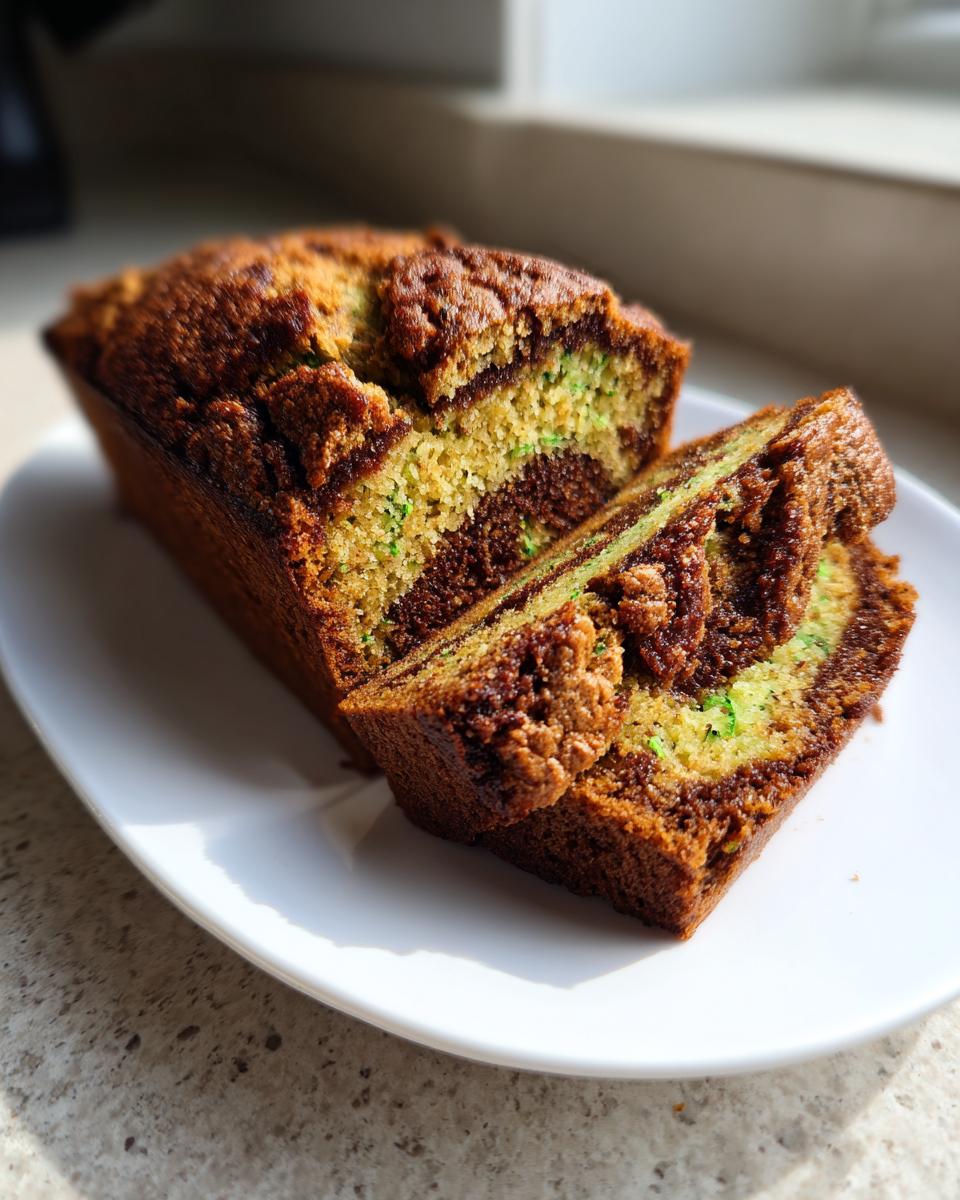 A loaf of zucchini cinnamon swirl bread, partially sliced, showing the marbled chocolate and green zucchini layers.