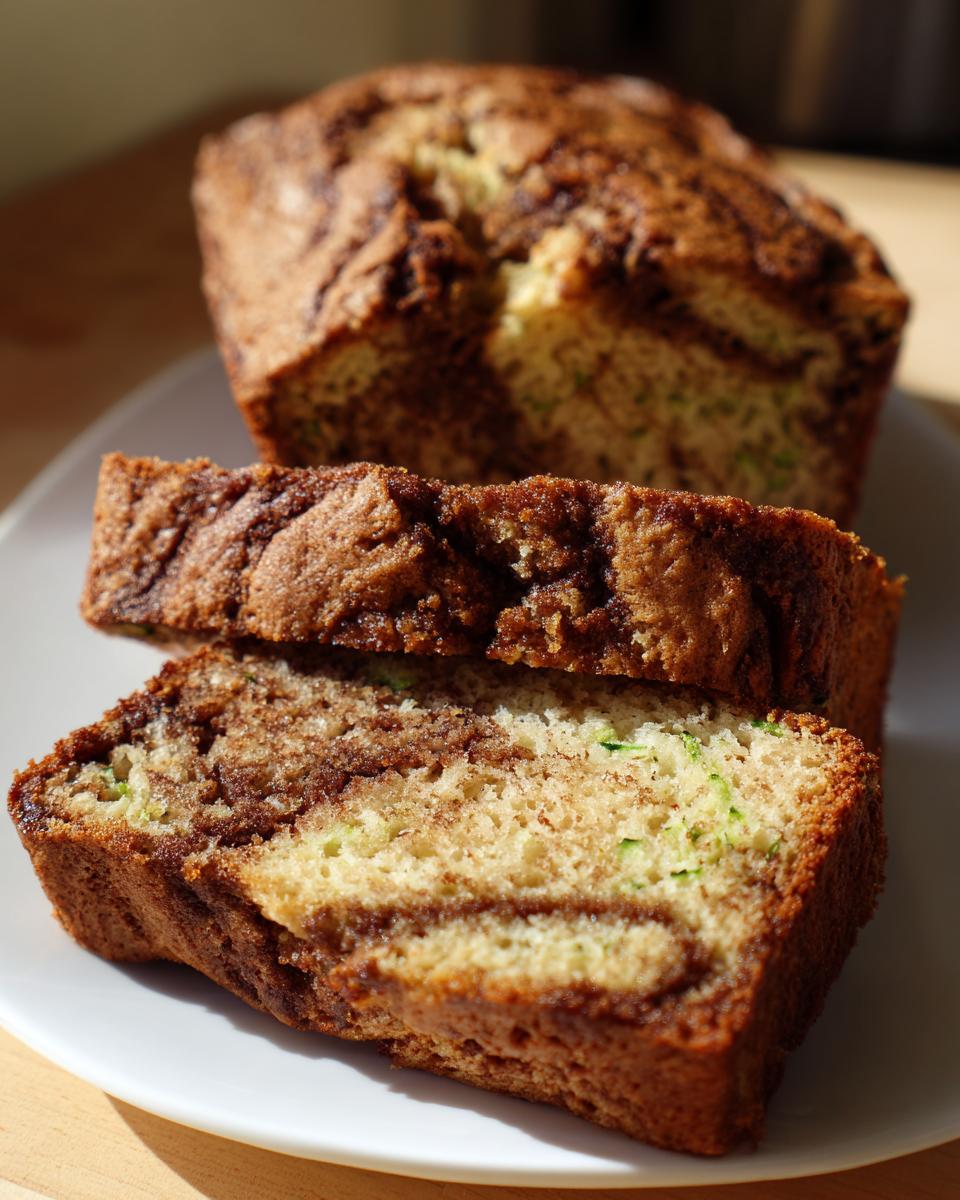 Close-up of two thick slices of zucchini cinnamon swirl bread showing the moist texture and green zucchini flecks.