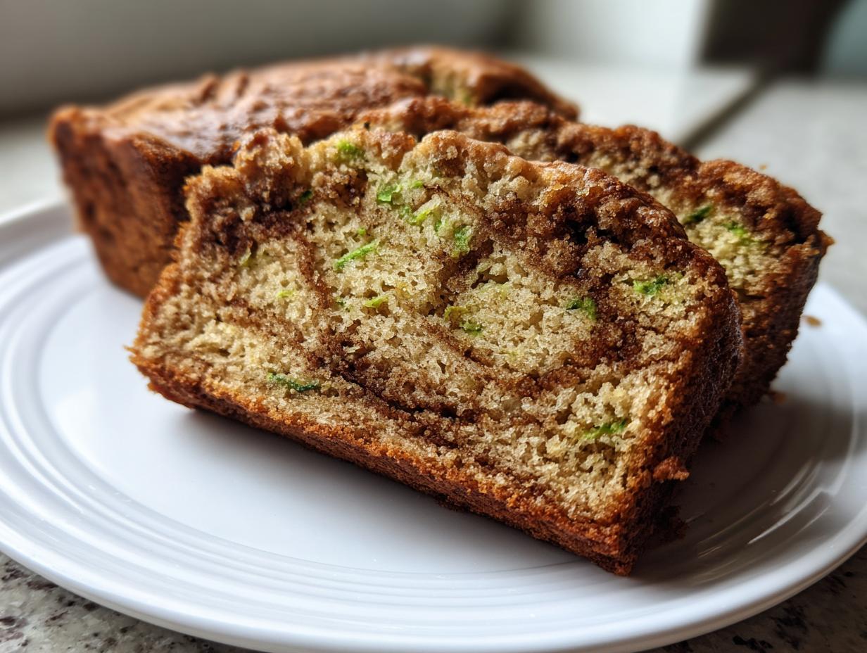 Close-up of thick slices of moist zucchini cinnamon swirl bread showing green zucchini shreds and dark cinnamon swirls.